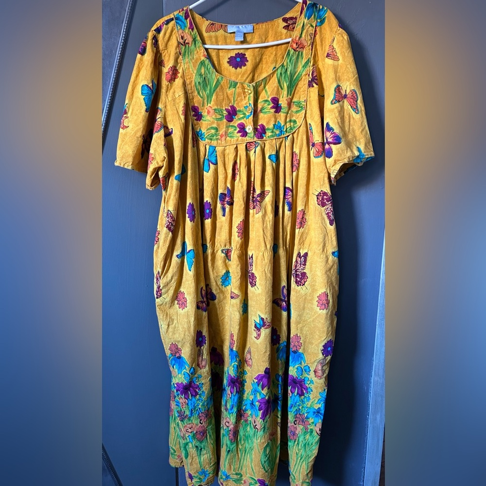 Only Necessities Flowing dress 4X Cotton Butterflies flowers pattern Pockets EUC